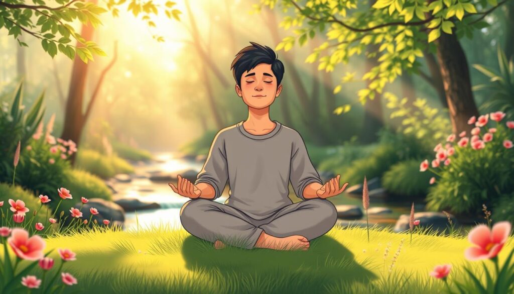 A person sitting cross-legged in quiet meditation beside a stream in soft morning light.